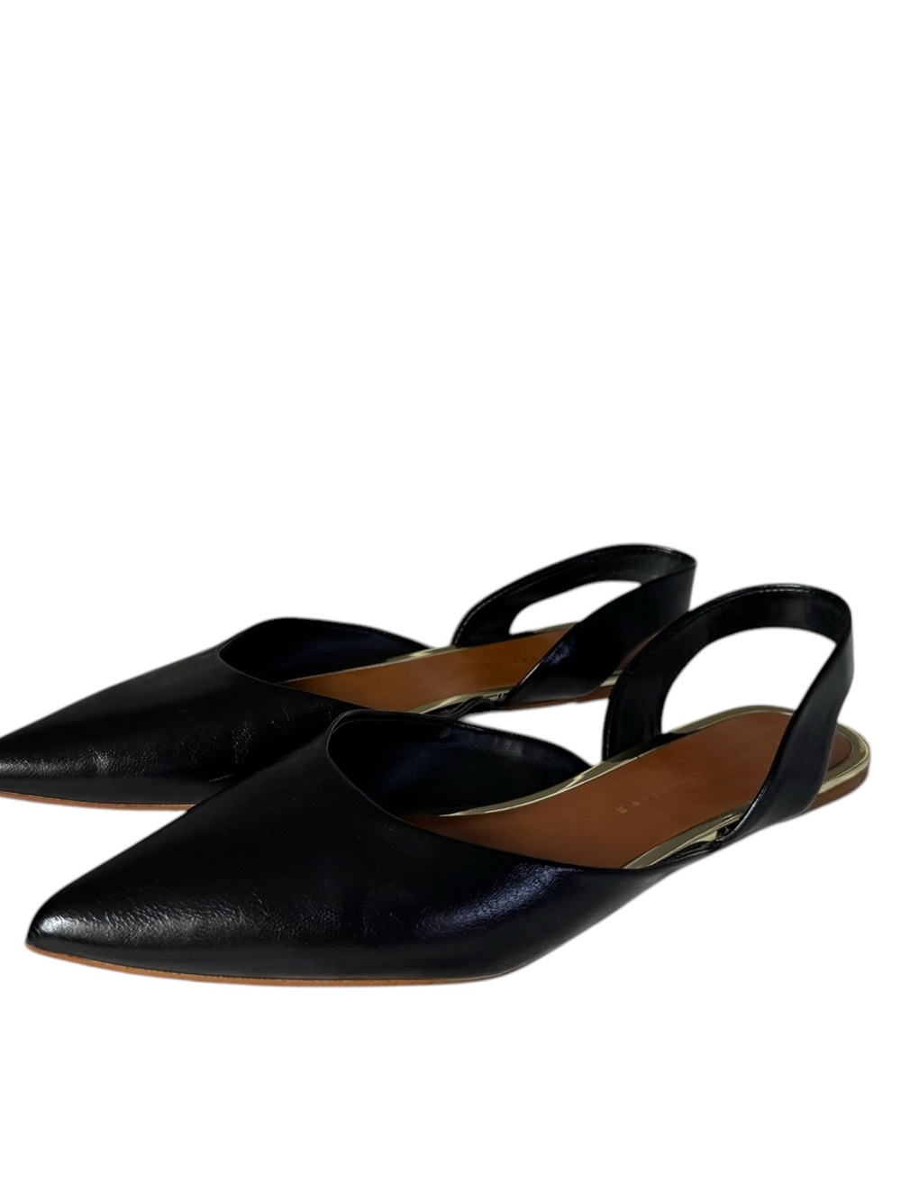 Zara Basic Collection Black Slingback Pointed Toe Flats Gold Trim Size 38 7.5